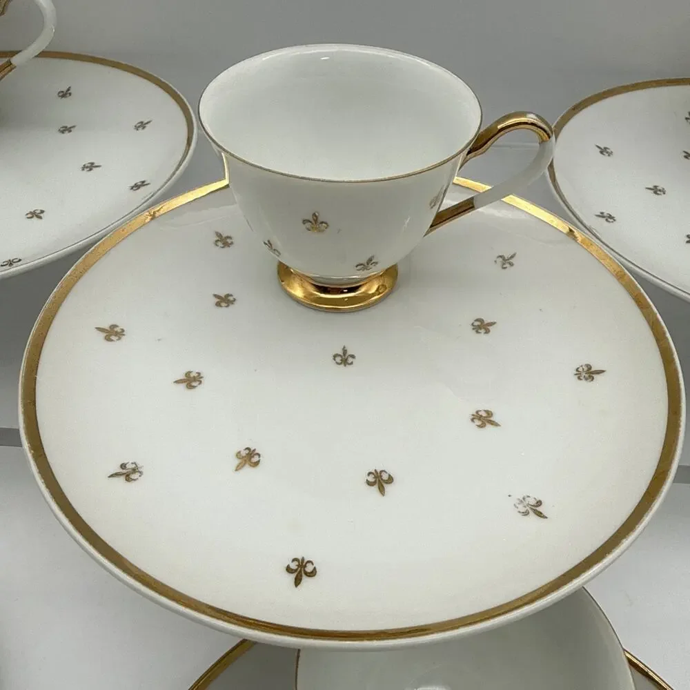 Set Of 7 (50-60's) Fleur de Lis Snack Set Gold & White -Plates & Tea/Coffee Cups